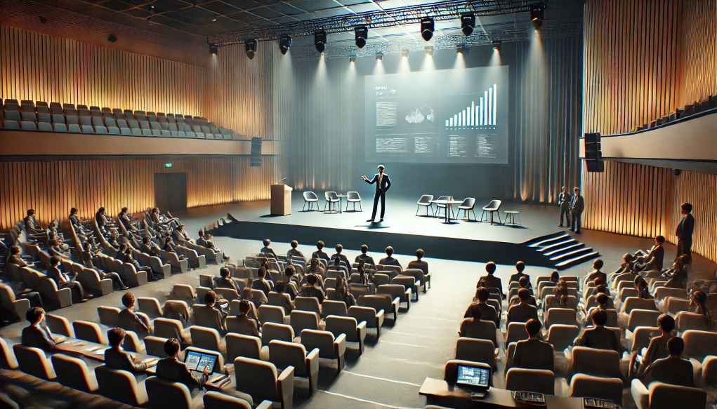 Una persona in piedi su un palco che tiene una presentazione in una sala