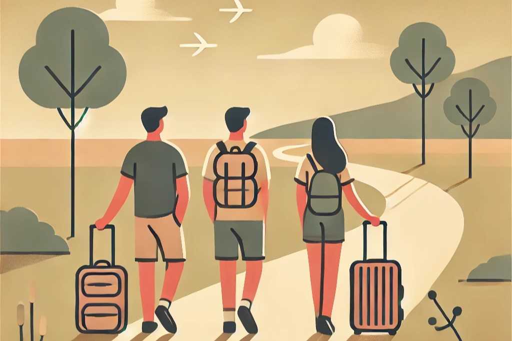 Un'illustrazione di una persona che viaggia con due o tre compagni