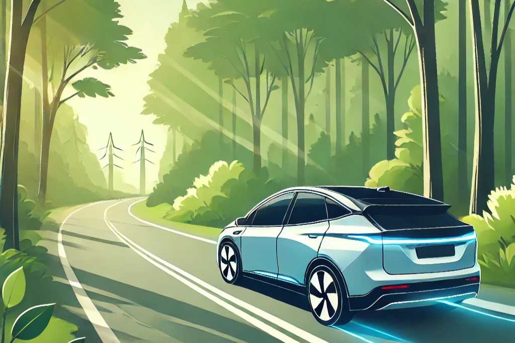 Un'illustrazione panoramica di un'auto elettrica moderna che guida su una strada